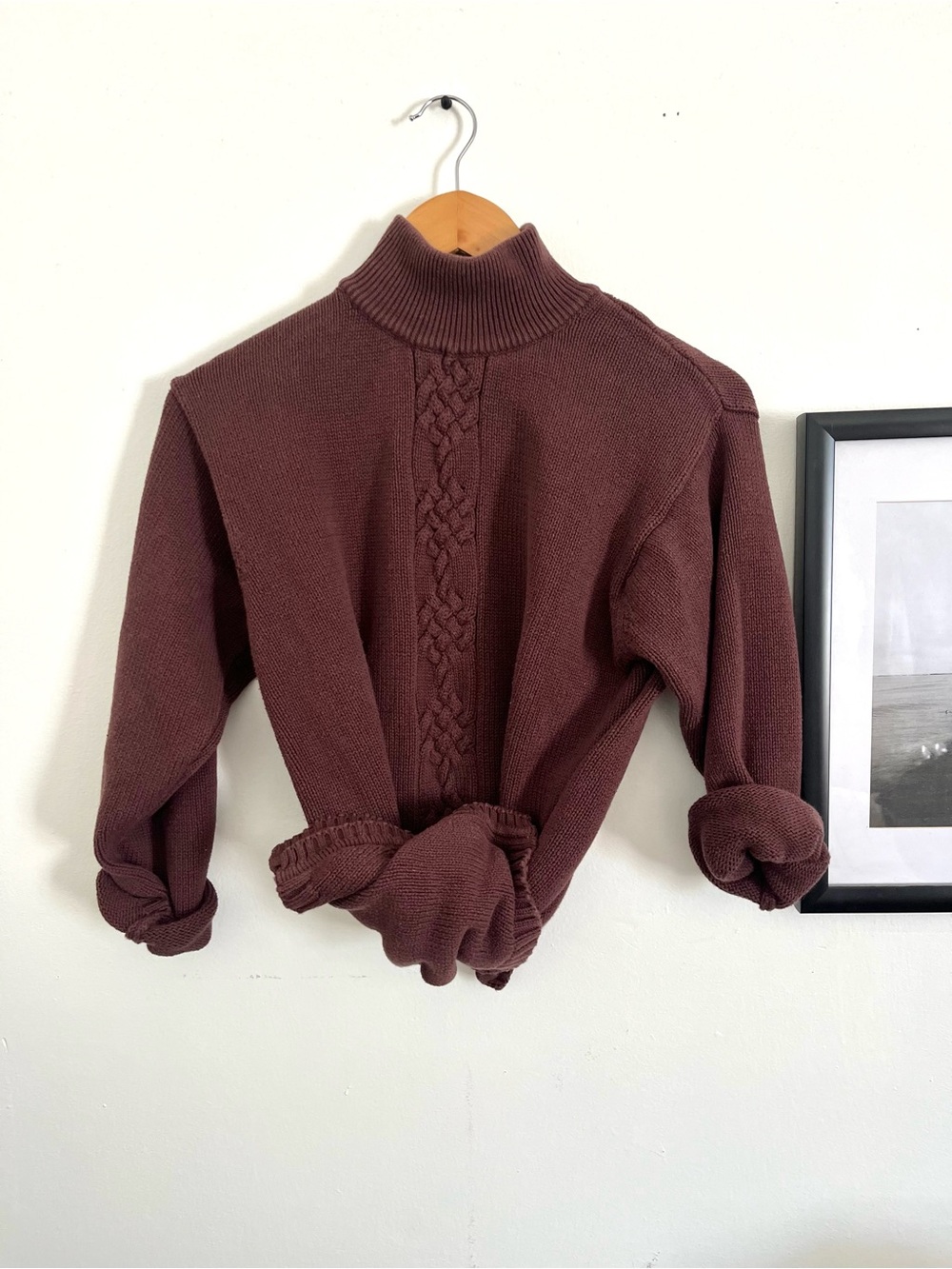 Vintage Brown Turtleneck Cable-Front Sweater